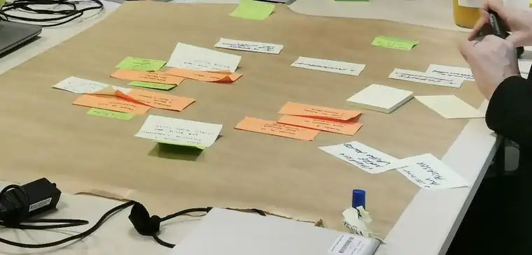 Table de travail en papier kraft couverte de post-its et de cartes manuscrites pendant un atelier de CODIR — Kraft-paper work table covered in sticky notes and handwritten cards during a leadership team workshop